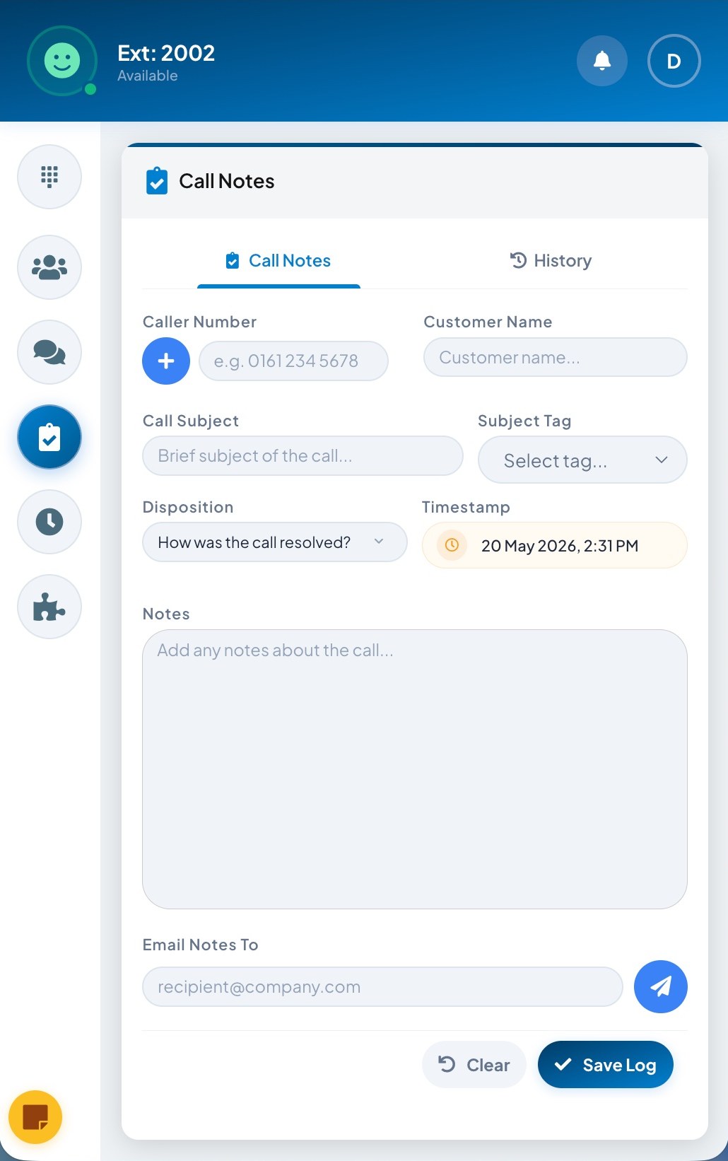 X-Web compact popup showing the Call Notes form with caller, subject, disposition, notes and email fields