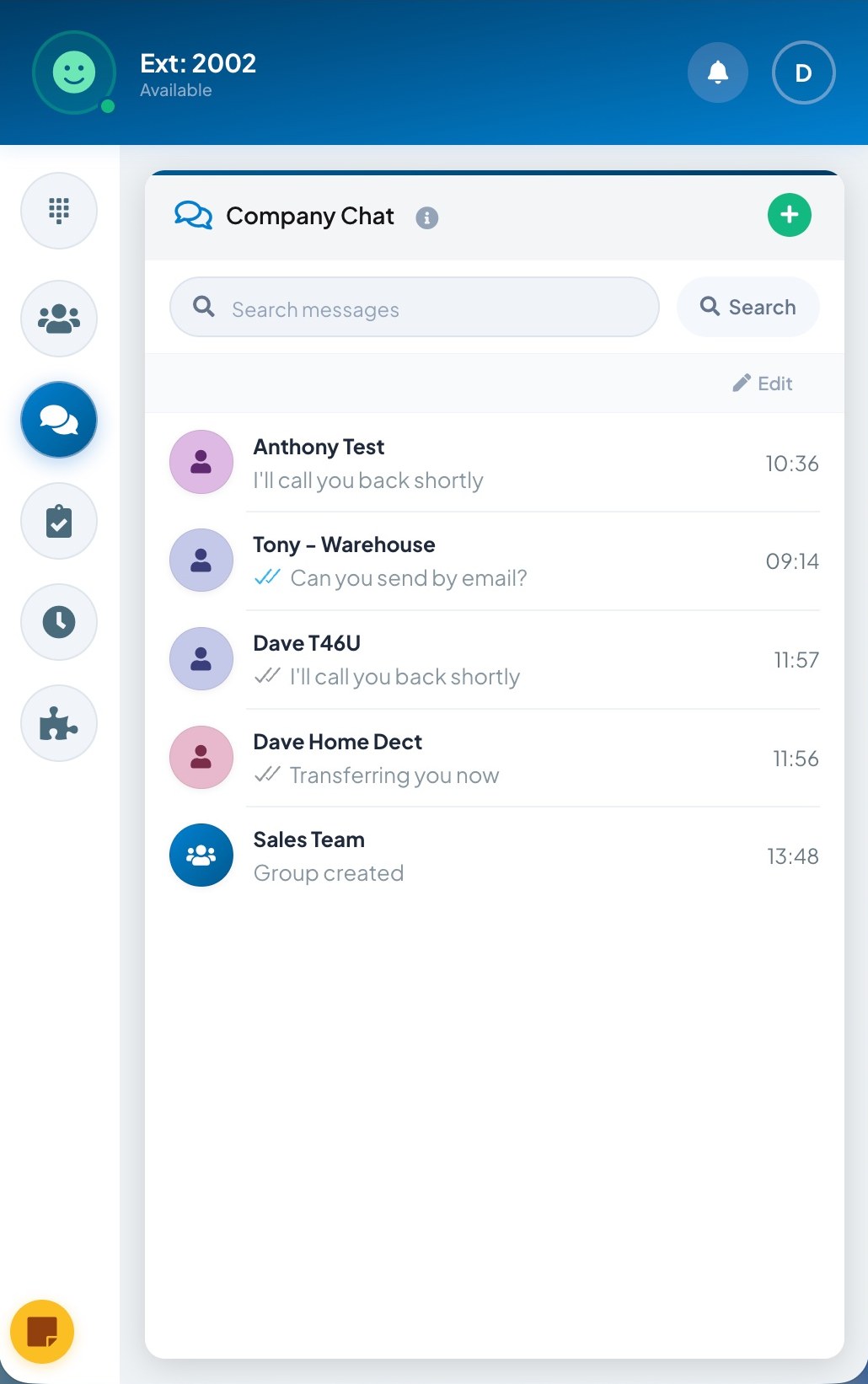 X-Web compact popup showing the Company Chat list with one-to-one and group conversations